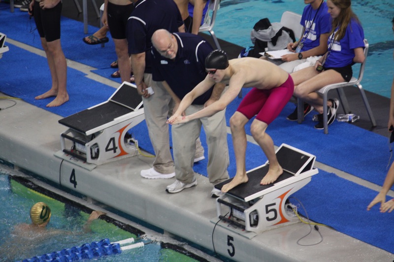 Sophomore Peter Simmons prepares to anchor the boys 400 freestyle relay. Photo provided by LaQuala George.